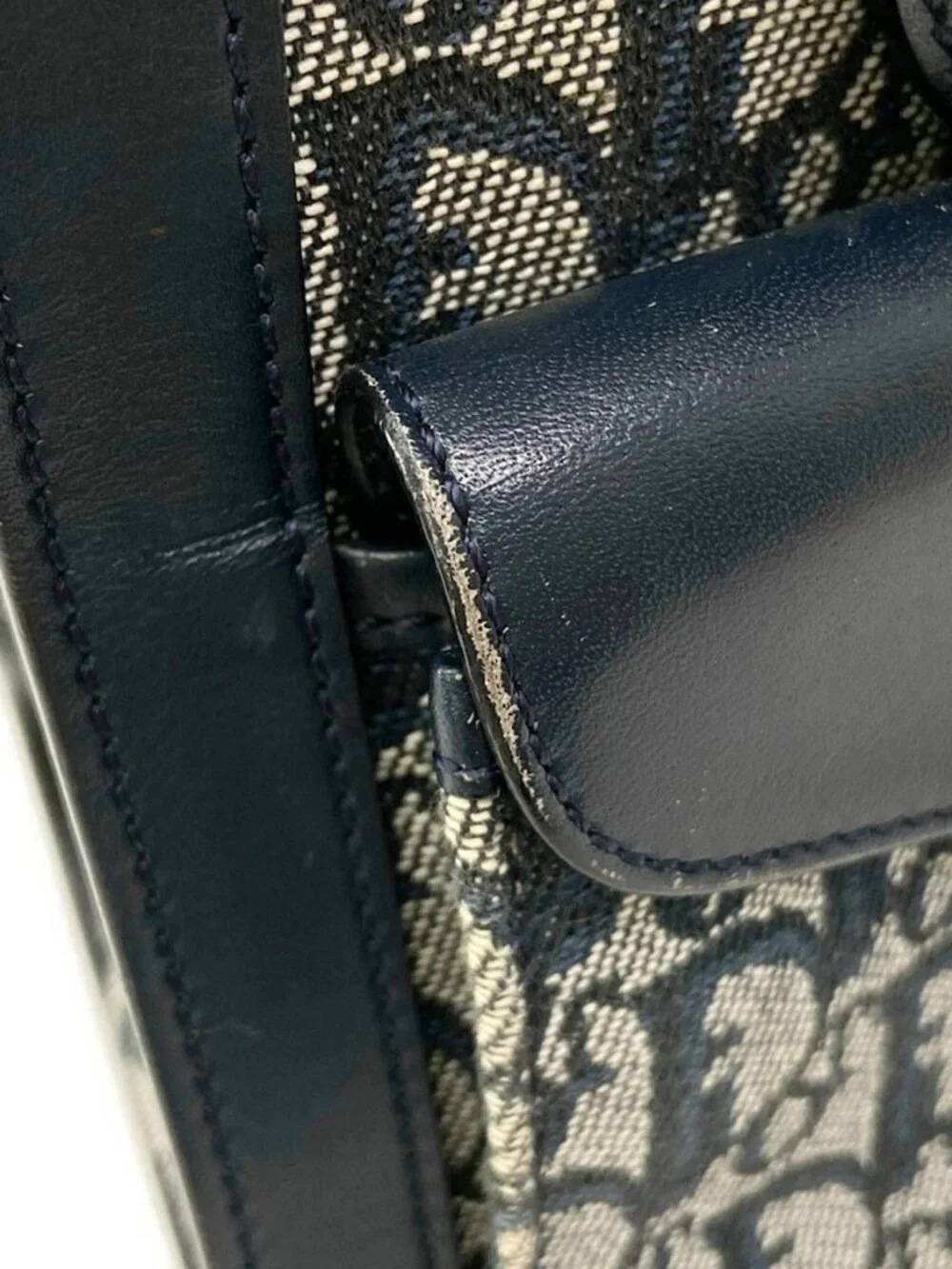 DIOR/ChristianDior Logogram White Dark Navy Jacquard Leather Handbag